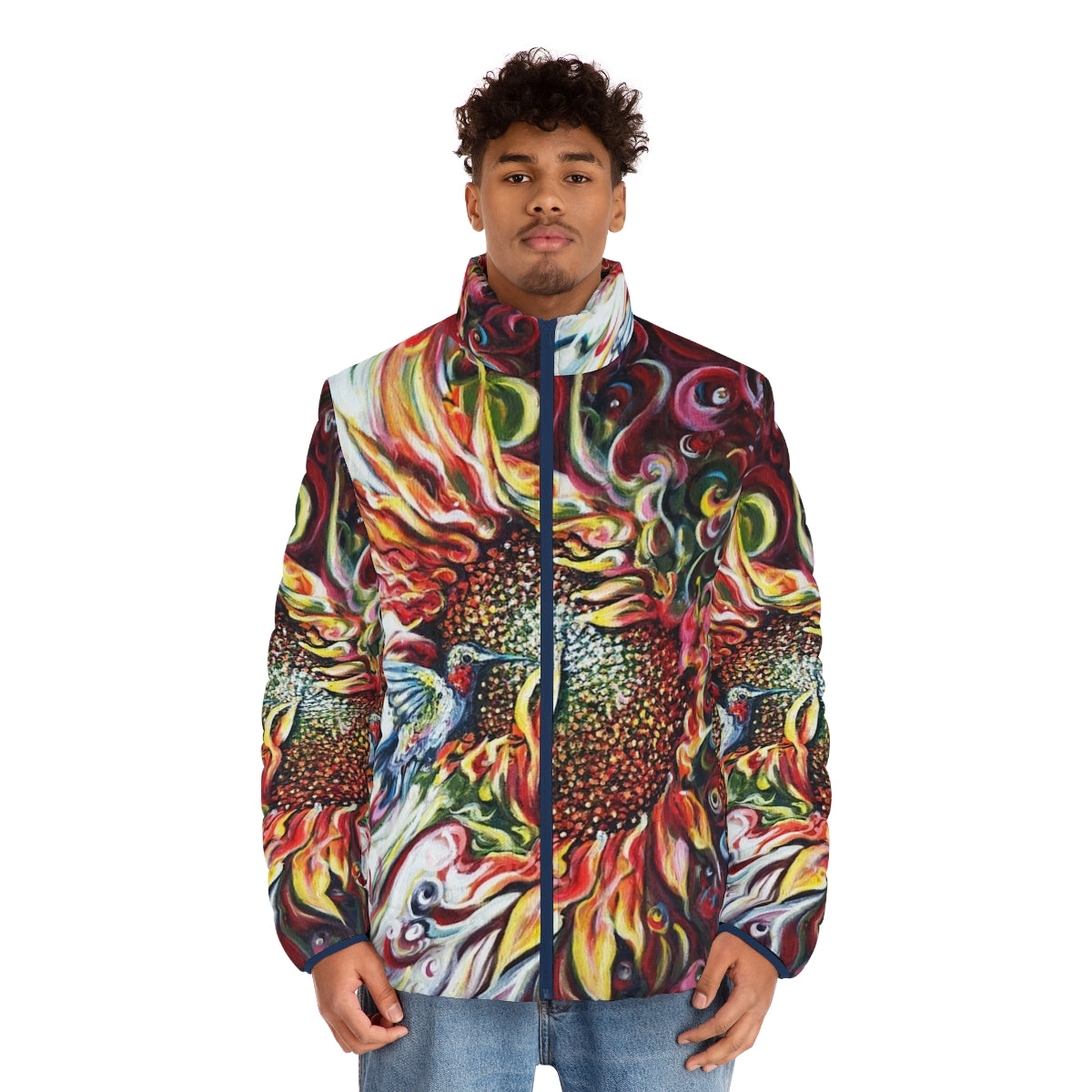 Sunflowers and hummingbird puffer jacket, a nature-inspired and colorful outerwear option - men front