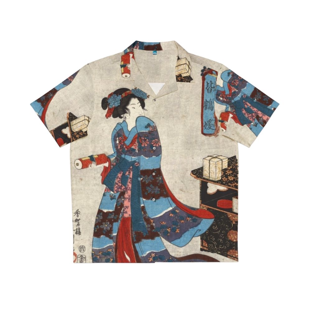 Elegant Japanese art Hawaiian shirt featuring a woodcut portrait of Princess Minatsuru