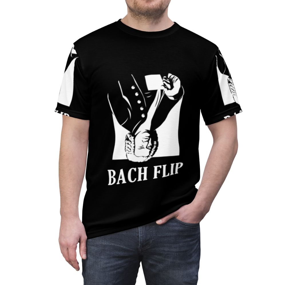 Classical music-inspired t-shirt featuring a playful "Bach Flip" pun design. - men front