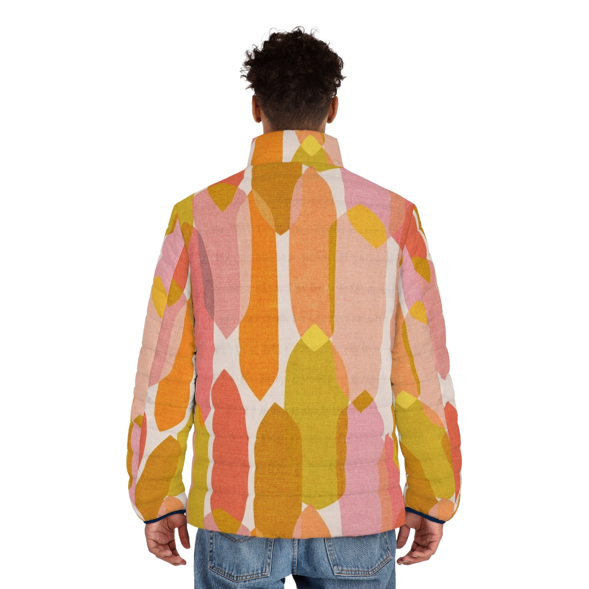 Colourful mid-century inspired puffer jacket with abstract geometric droplet print - men back