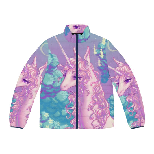 The Last Unicorn S Forest Puffer Jacket, featuring a pastel, 80s retro design with a glowing unicorn in a magical forest setting.