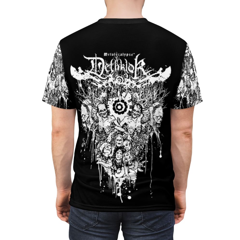 Dethklok-inspired T-shirt design featuring the iconic heavy metal cartoon band from Metalocalypse - men back