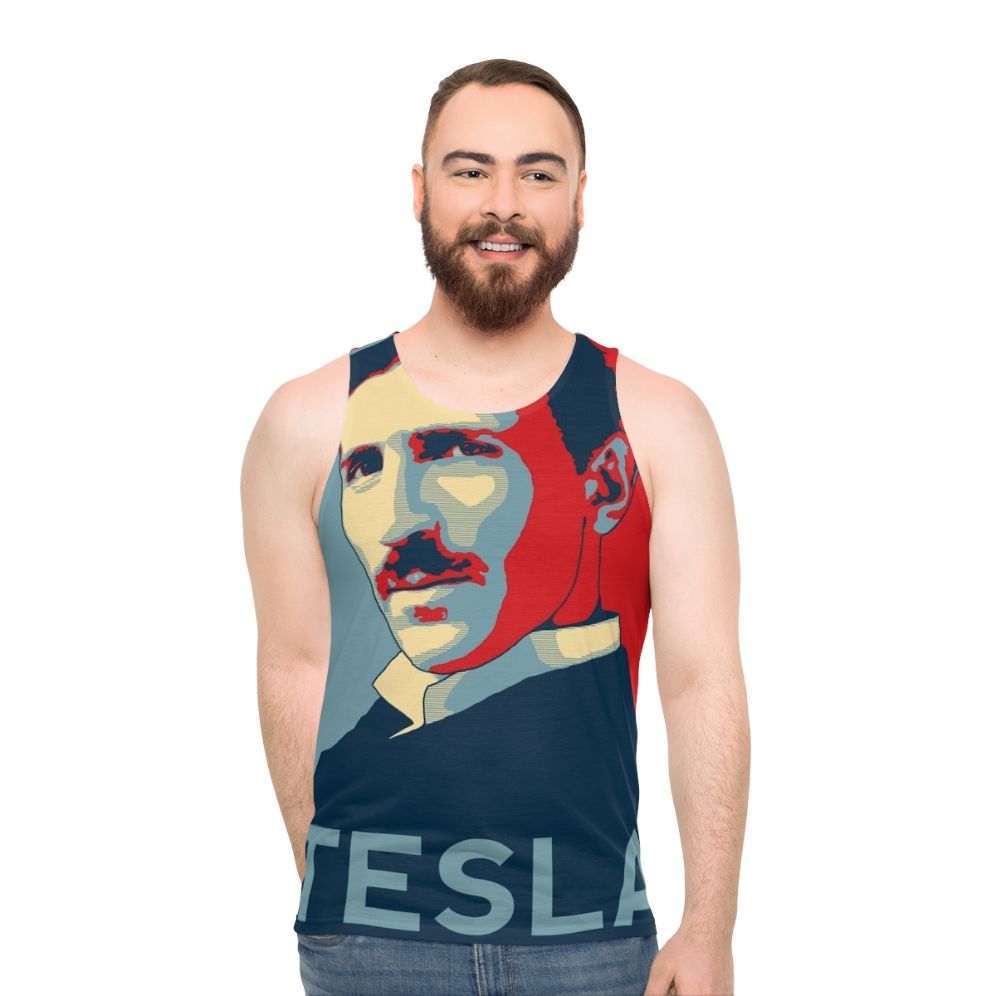 Nikola Tesla Unisex Tank Top featuring a Tesla coil design - men