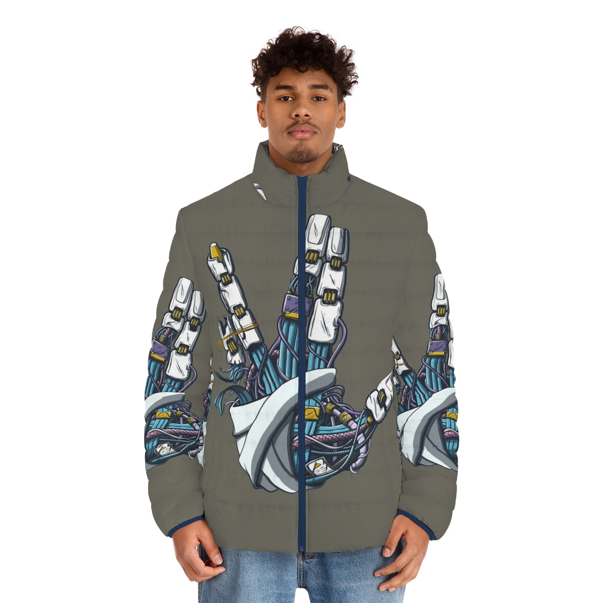 Mecha-inspired Star Trek Vulcan salute puffer jacket with sci-fi graphics - men front