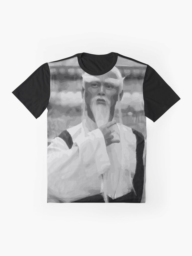 Vintage-style graphic t-shirt featuring the iconic character "Master Pai Mei" from the cult classic TV show. - Flat lay