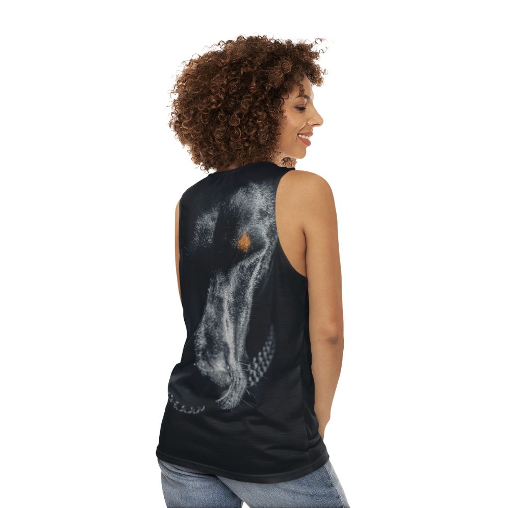 Doberman dog on a unisex tank top - women back