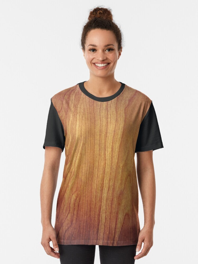 Closeup photo of a natural wood texture graphic printed on a t-shirt - Women