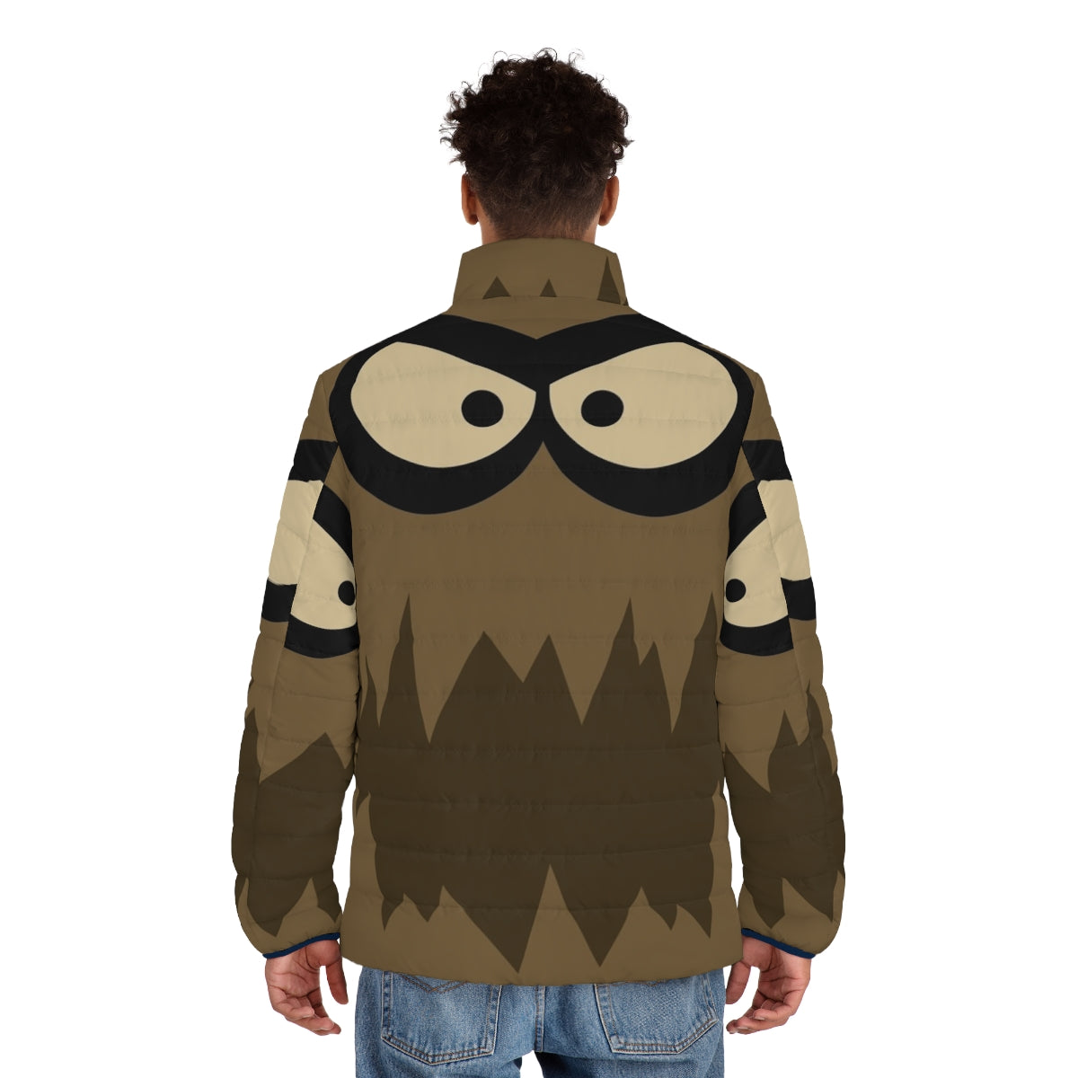 Spongebob inspired puffer jacket with Dirty Bubble cartoon face design - men back