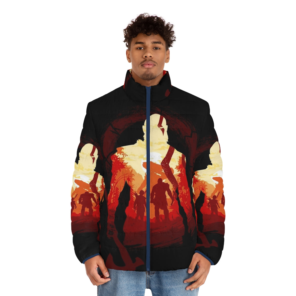 Adventure Of The Gods Puffer Jacket featuring Kratos and Atreus from God Of War - men front