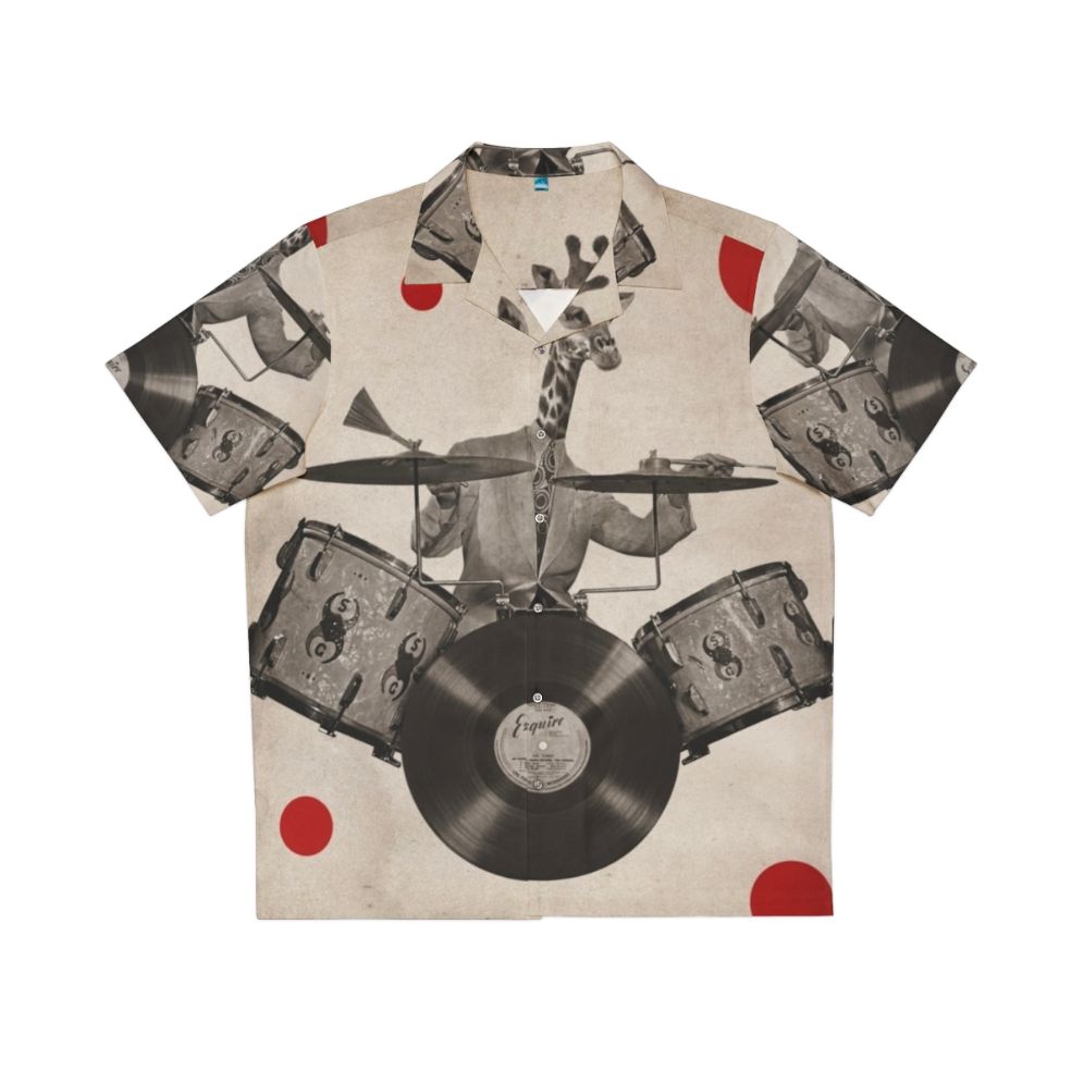 Anthropomorphic giraffe drummer wearing a jazzy Hawaiian shirt