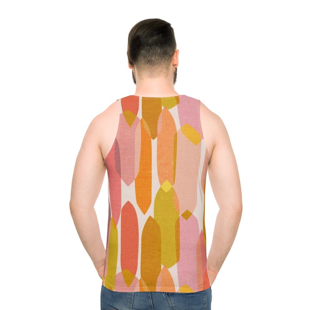 Vibrant mid-century inspired unisex tank top with abstract droplet pattern - men back