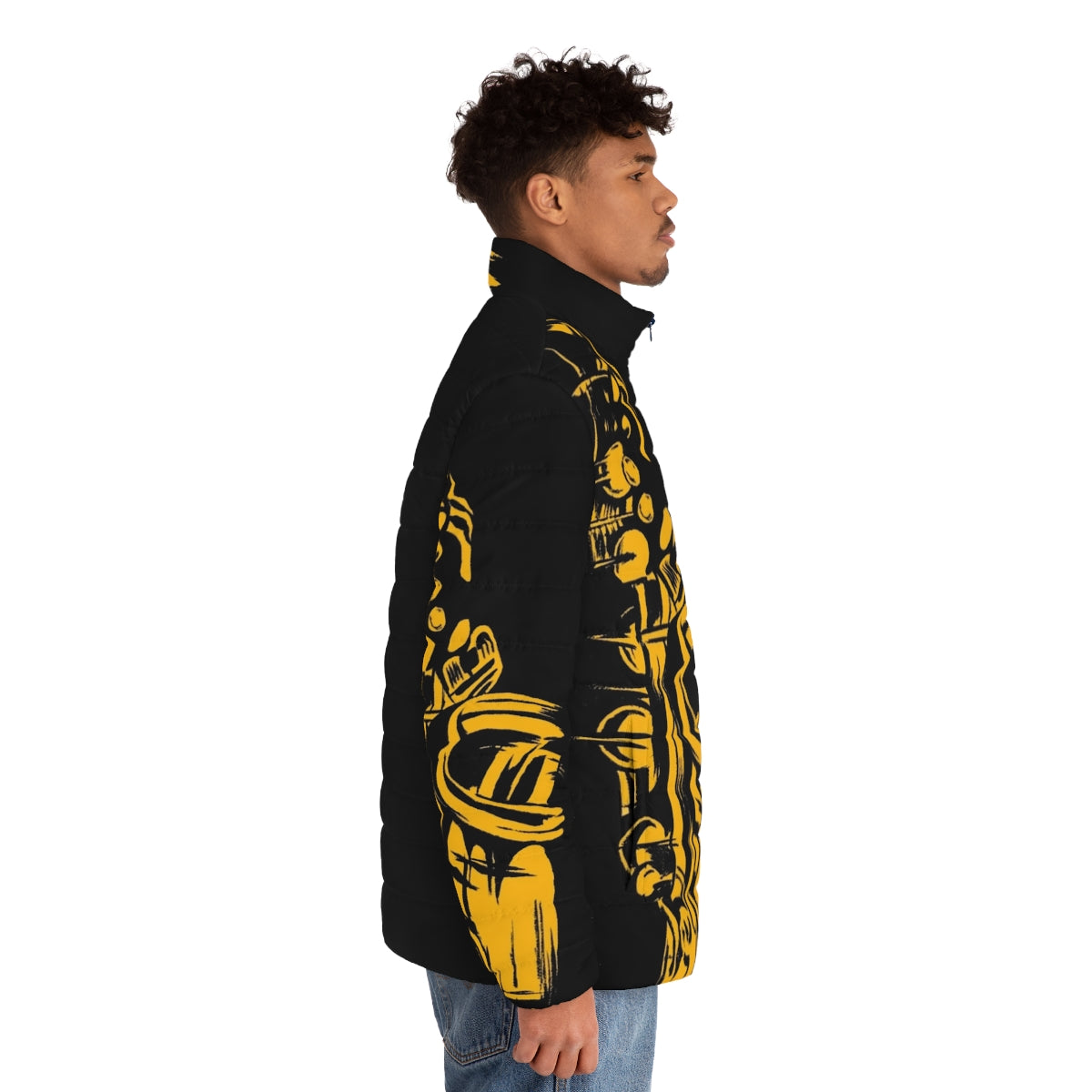 Saxophone Keywork Puffer Jacket featuring a silhouette of a saxophone player against a reflective, metallic background - men side right