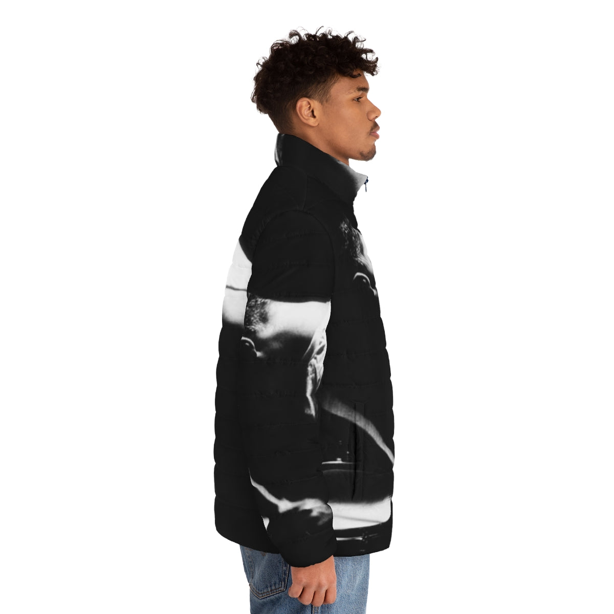 Puffer jacket with drummer silhouette design inspired by U2 member Larry Mullen Jr. - men side right