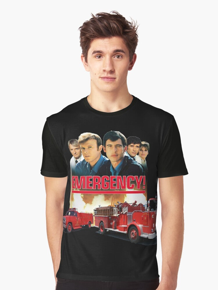 Retro Vintage Emergency! Tribute Graphic T-Shirt featuring paramedics and firefighters from the 1970s TV show. - Men