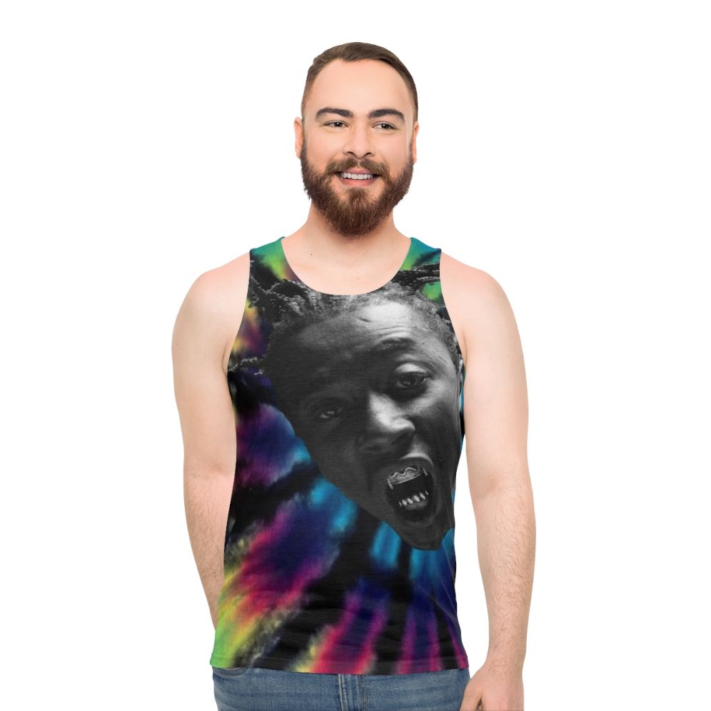 Unisex tie dye tank top with Ol Dirty Bastard inspired design - men