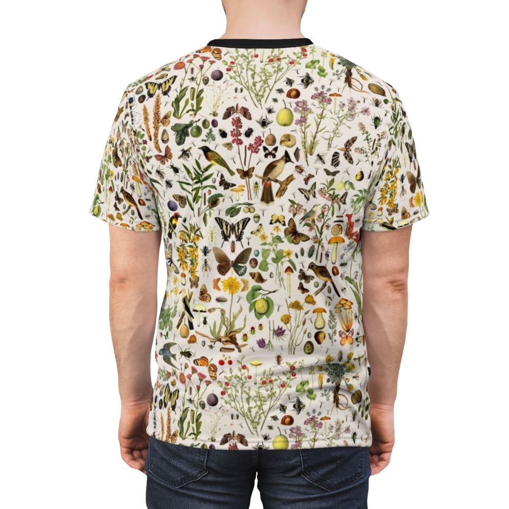 T-shirt featuring a detailed, seamless design of American plants, animals, and natural elements. - men back