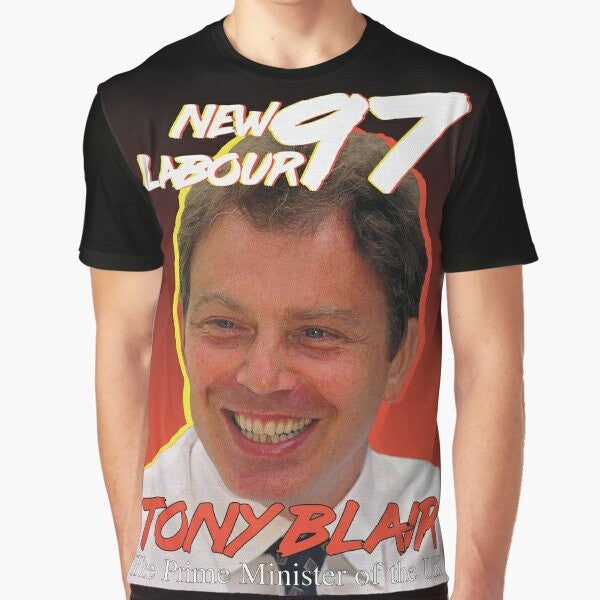 Vintage style graphic t-shirt featuring Tony Blair and the Labour Party slogan "Things Can Only Get Better" from the 1997 UK election.