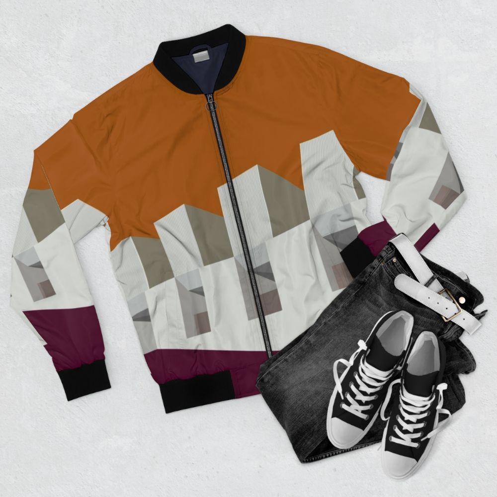 Modernist abstract bomber jacket with geometric shapes and straight lines - Flat lay