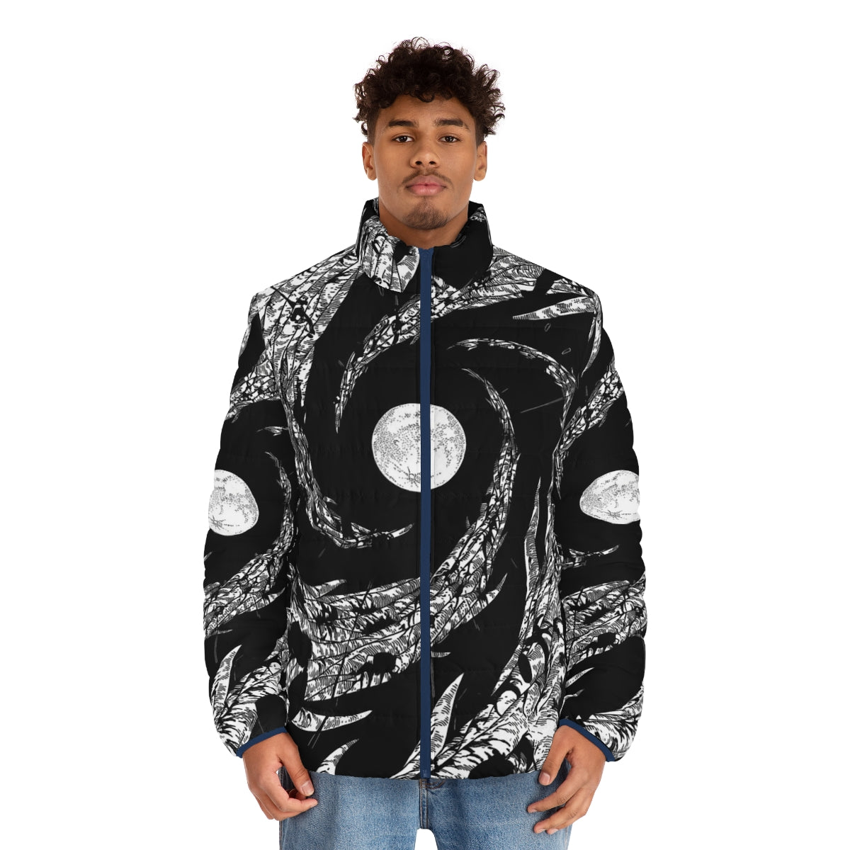 Dark Moon Puffer Jacket with Nature, Anime, and Japanese Inspired Designs - men front