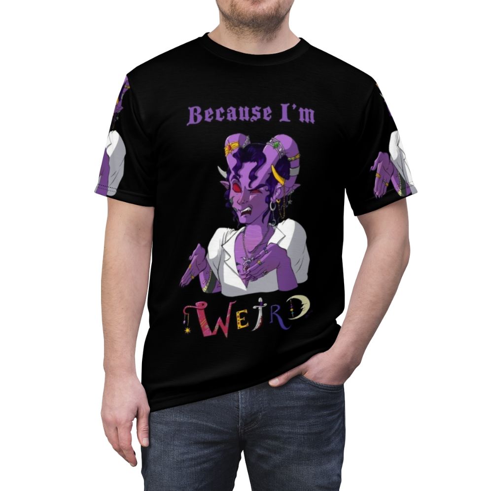 Artistic t-shirt design featuring a quirky tiefling character, perfect for Critical Role and Dungeons & Dragons enthusiasts. - men front