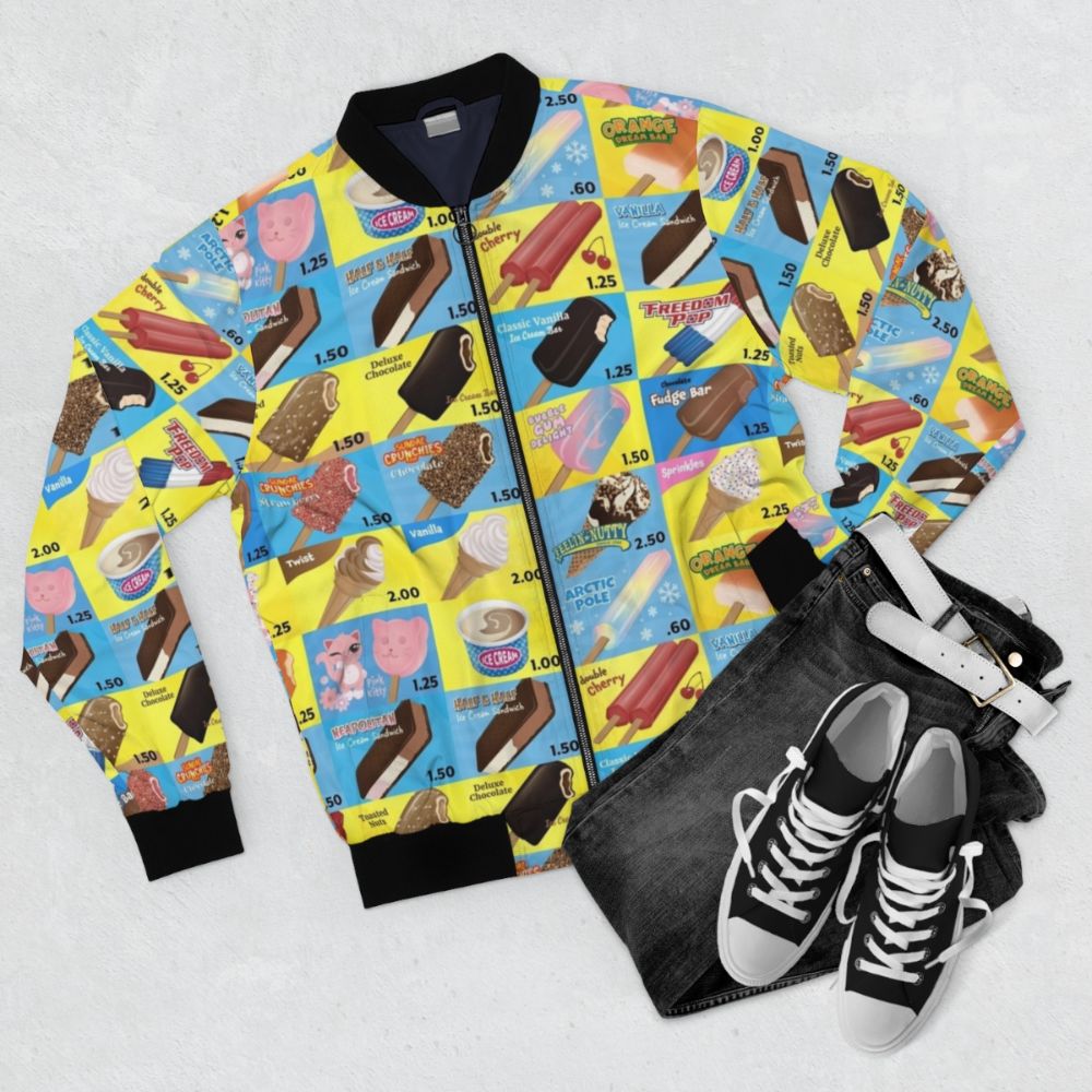 Vintage-inspired ice cream truck bomber jacket with colorful ice cream themed graphics - Flat lay