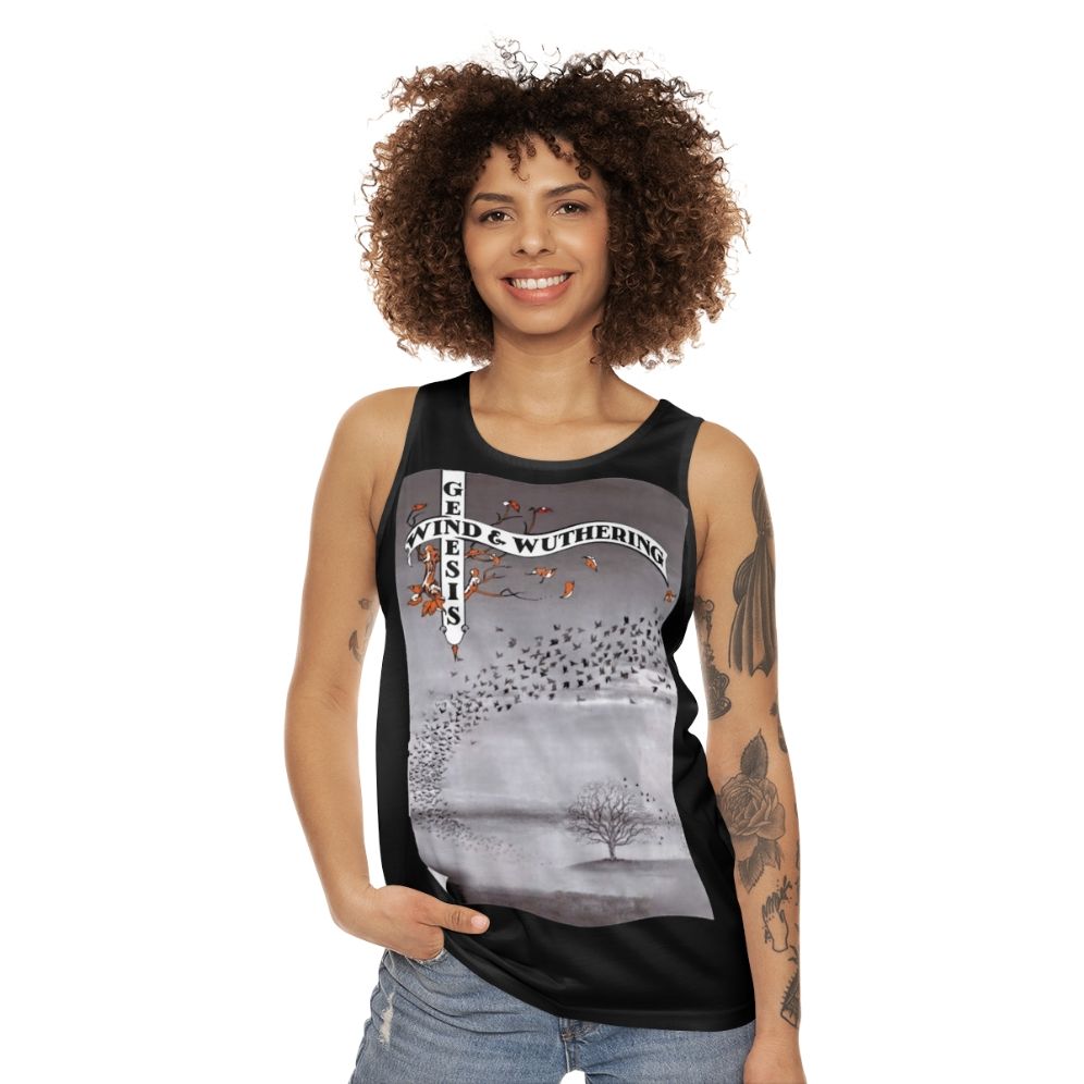 Vintage 'Wind and Wuthering' unisex tank top featuring Genesis album artwork - women