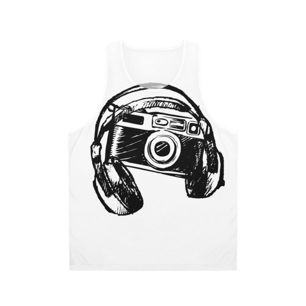 Unisex hobby tank top with audio and photography icons