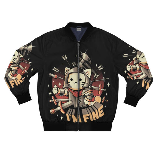 A bomber jacket with a cute cat wearing a knight's helmet and wielding a sword, featuring the text "I'm Fine".