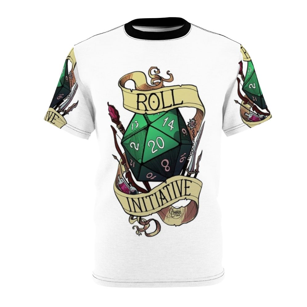 A t-shirt featuring a dice roll graphic, perfect for fans of Dungeons and Dragons and other tabletop roleplaying games.