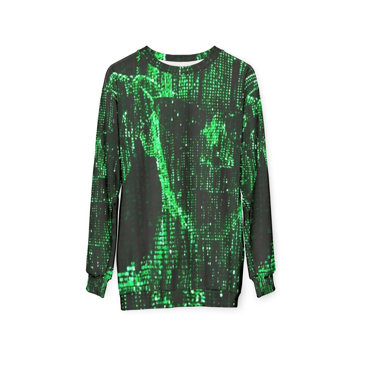 Matrix Sweatshirt featuring digital rain and classic sci-fi design - hanging