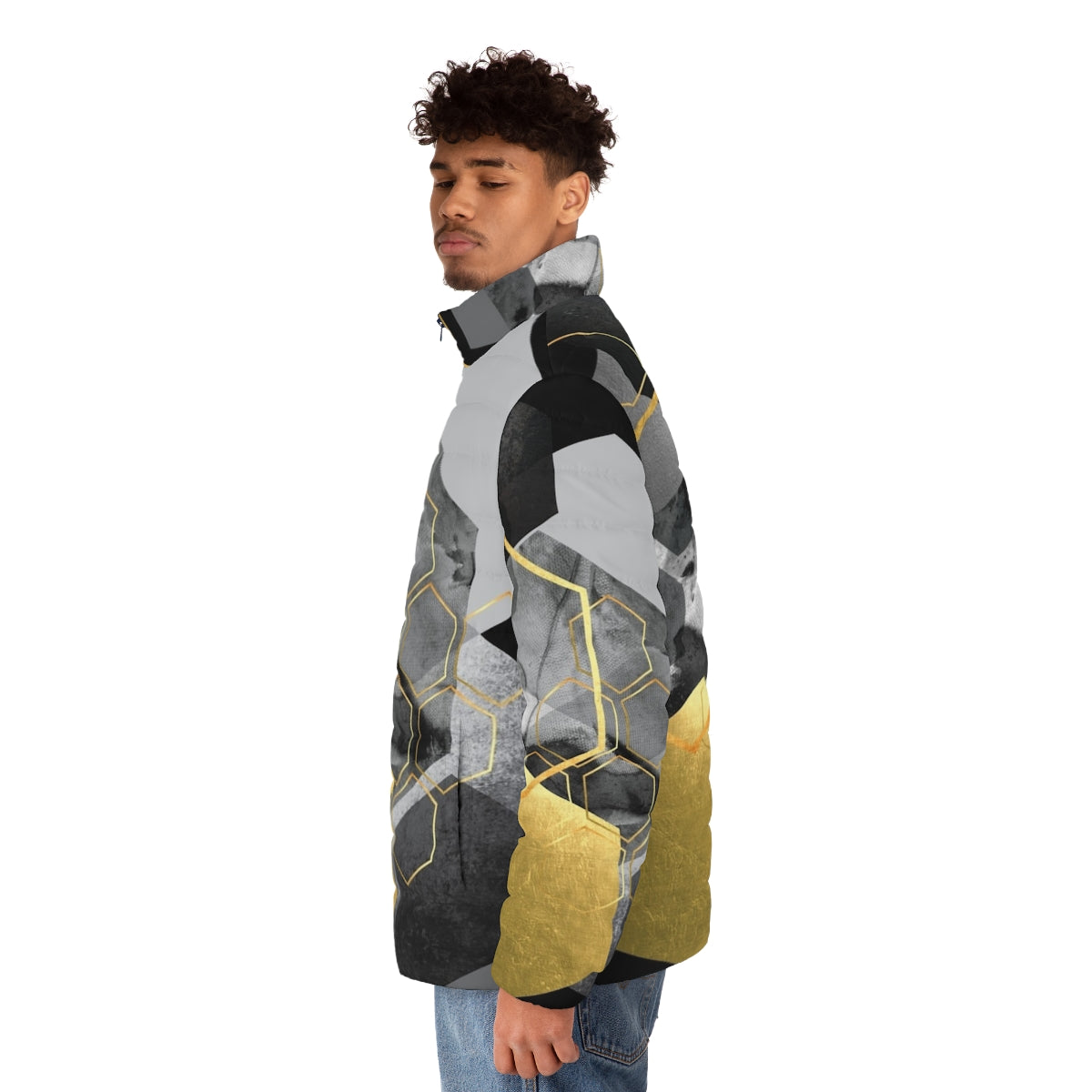 Geometric hexagon pattern puffer jacket with modern abstract art design - men side left