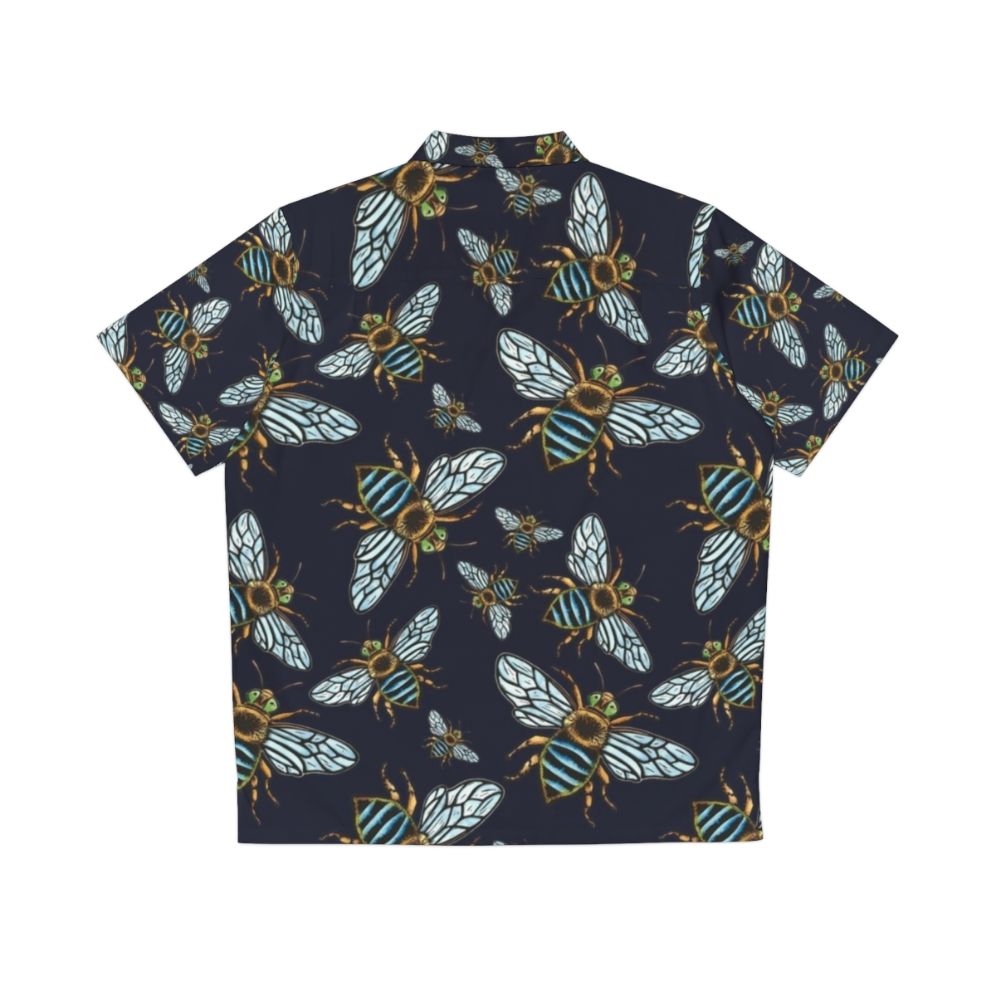 Blue banded bee Hawaiian shirt with lino print design - Back