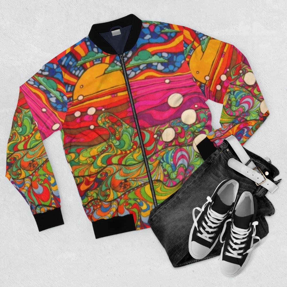 Psychedelic trippy colorful vintage bomber jacket with abstract geometric and native American inspired patterns - Flat lay