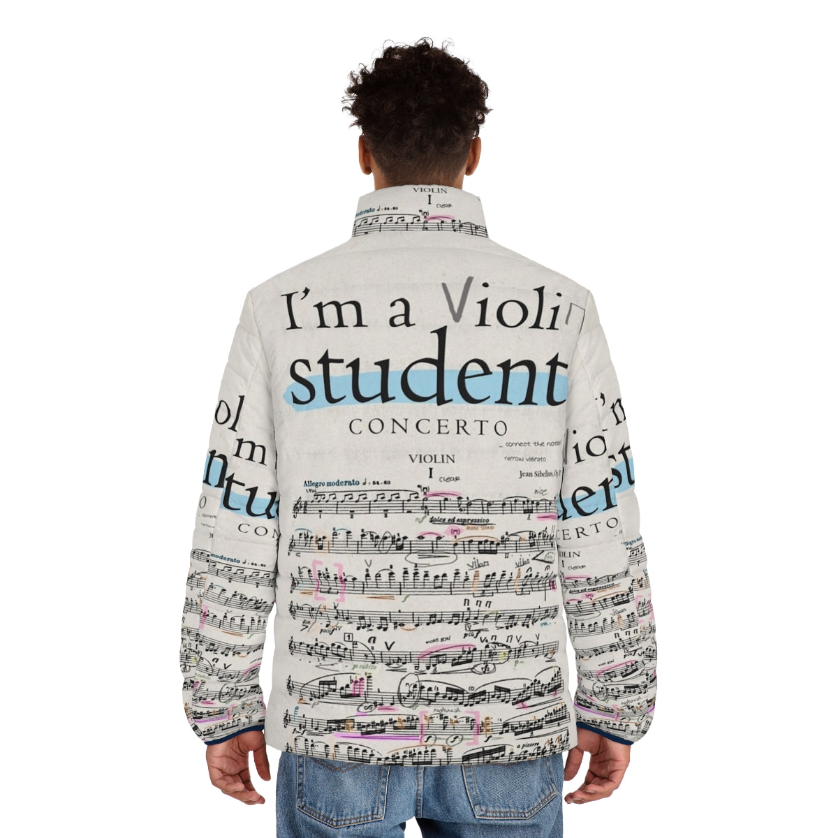 Violin student puffer jacket with musical notes and accessories - men back