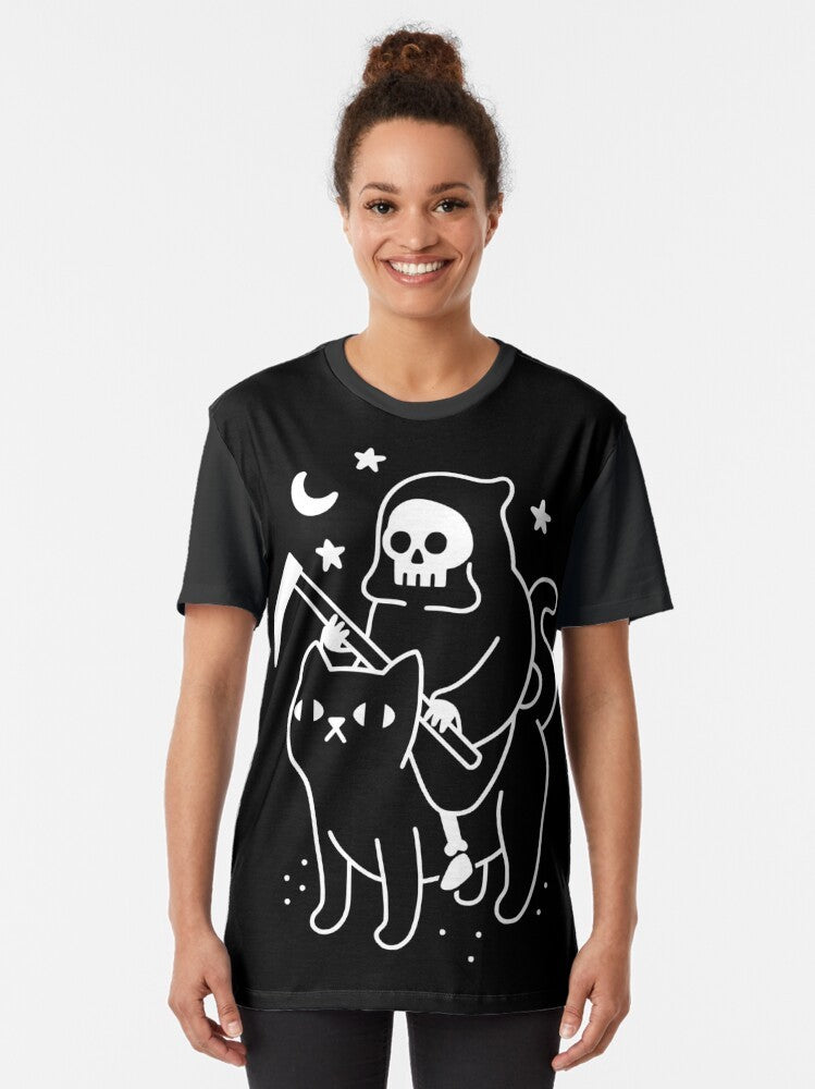 Black cat with grim reaper design on a graphic t-shirt - Women