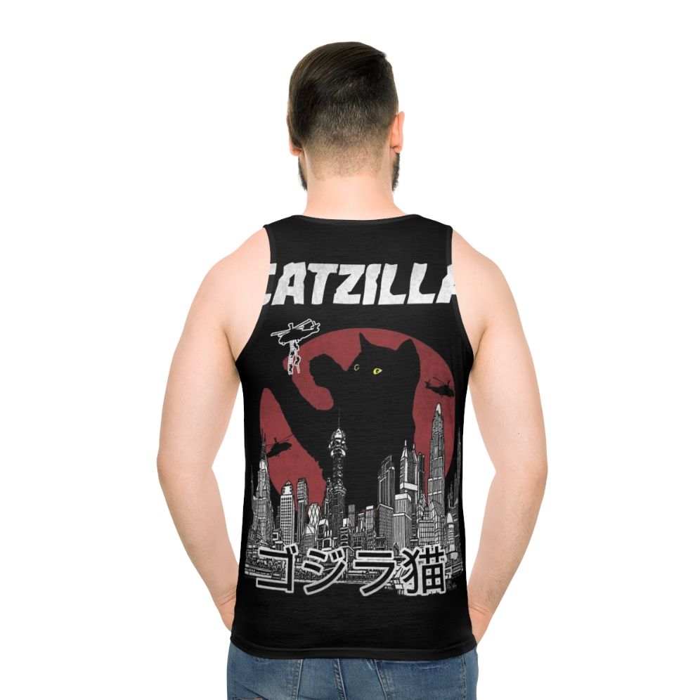 Vintage Catzilla Unisex Tank Top with Kawaii Japanese Cat Lover Design - men back