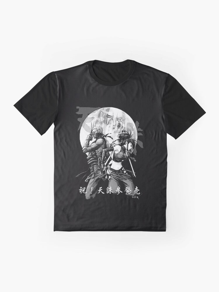 Ninja graphic t-shirt featuring anime-inspired design with samurai elements and Japanese symbols. - Flat lay