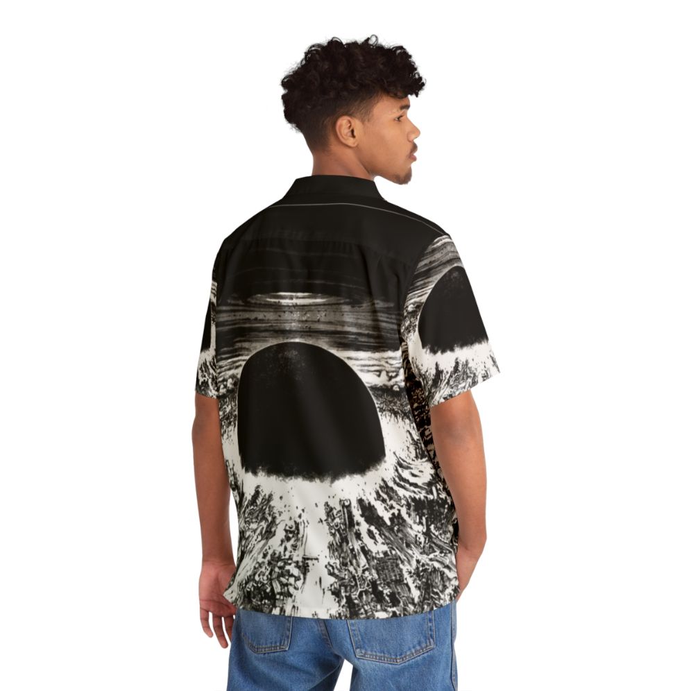 Akira Neo Tokyo Explosion Hawaiian Shirt featuring neon city and apocalyptic style - Flat lay