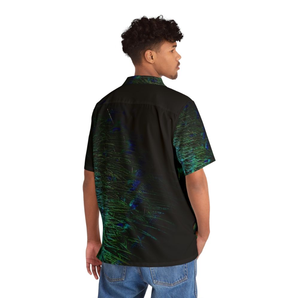 Peacock feathers in a modern, abstract design on a black background Hawaiian shirt - People Back