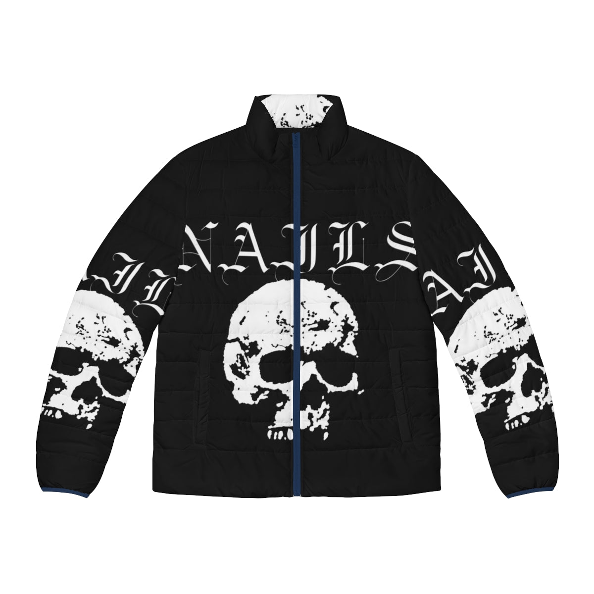 Nails hardcore punk band white puffer jacket featuring skull and edgy design