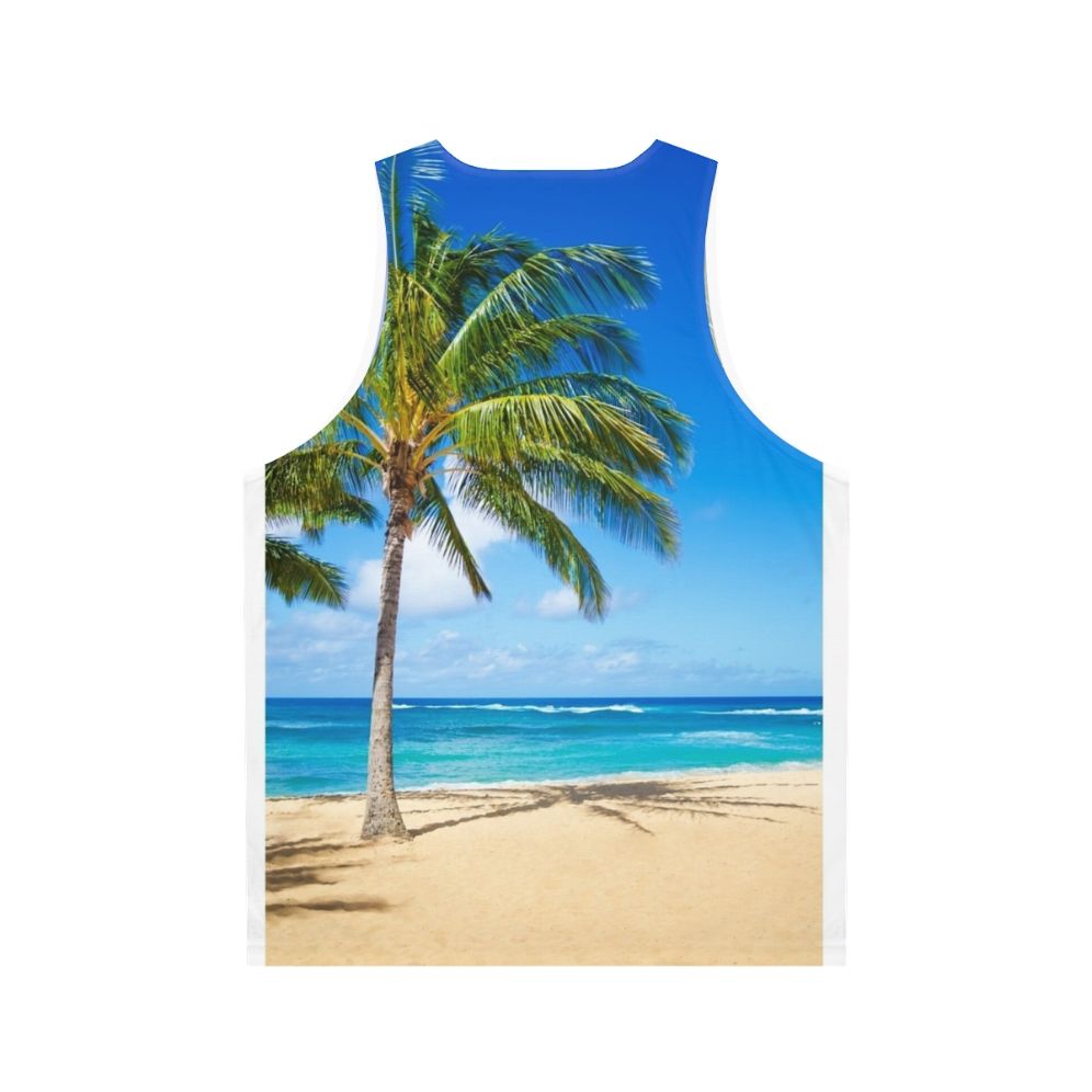 Unisex tank top with palm trees on a sandy beach in Hawaii - Back