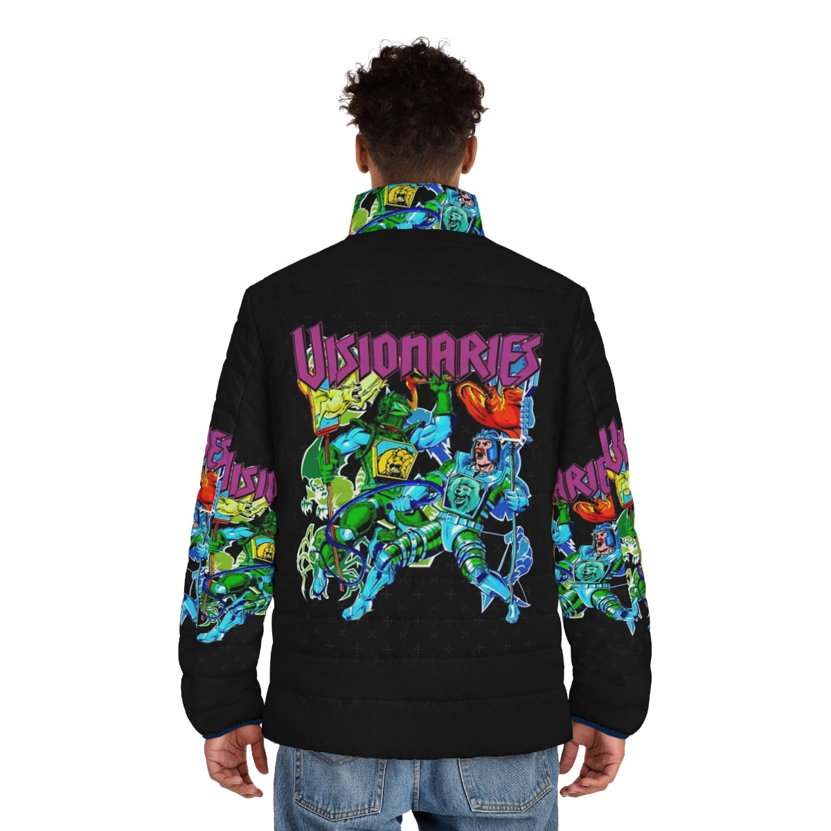 Retro 80s visionaries puffer jacket with psychedelic, trippy, and vintage inspired design - men back