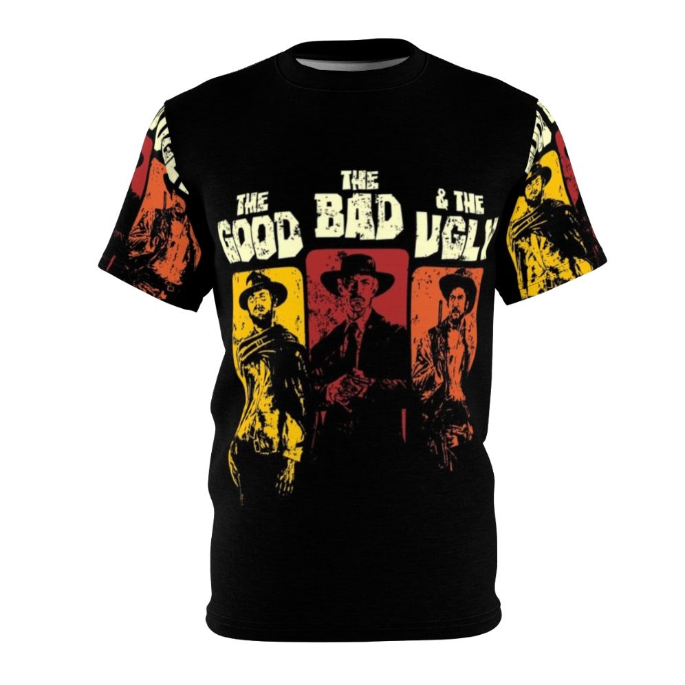 Vintage western-inspired t-shirt featuring "The Good, The Bad, The Ugly" movie characters and iconography