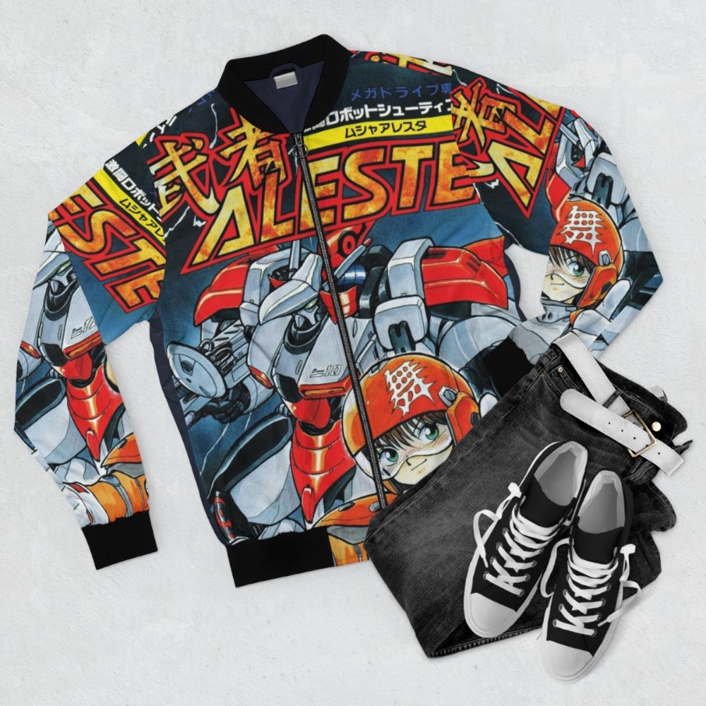 Musha Aleste retro bomber jacket featuring vintage video game cover art design - Flat lay