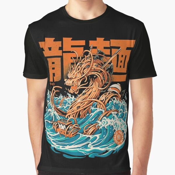 Anime-inspired graphic t-shirt featuring a ramen dragon from the famous Kanagawa wave artwork