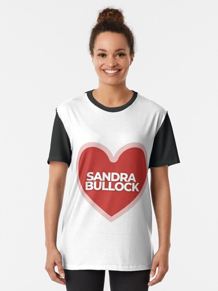 "I Love Sandra Bullock" graphic t-shirt design featuring a heart and the name "Sandra Bullock" - Women