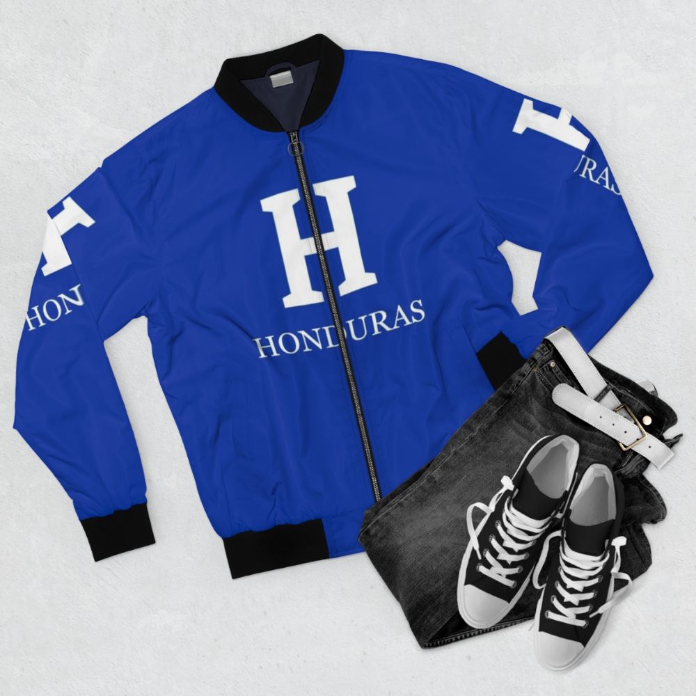 Honduras Bomber Jacket with Honduran National Team Logo and Colors - Flat lay