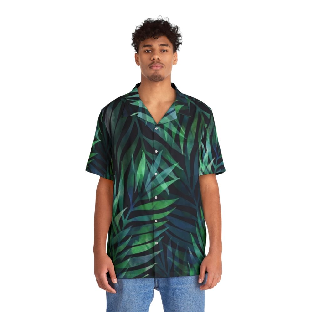 Dark green palm leaves pattern on a hawaiian shirt - People Front