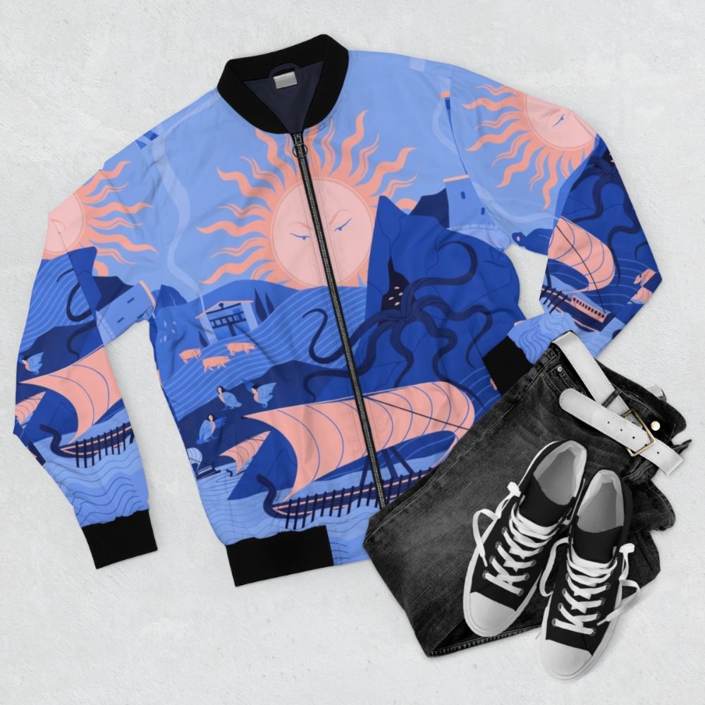 Odyssey bomber jacket with ancient Greek mythology-inspired design - Flat lay