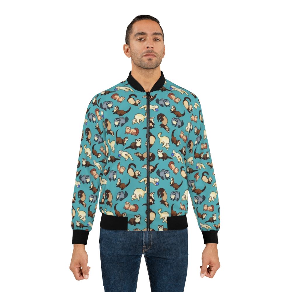 A blue bomber jacket with a cute ferret pattern design - Lifestyle
